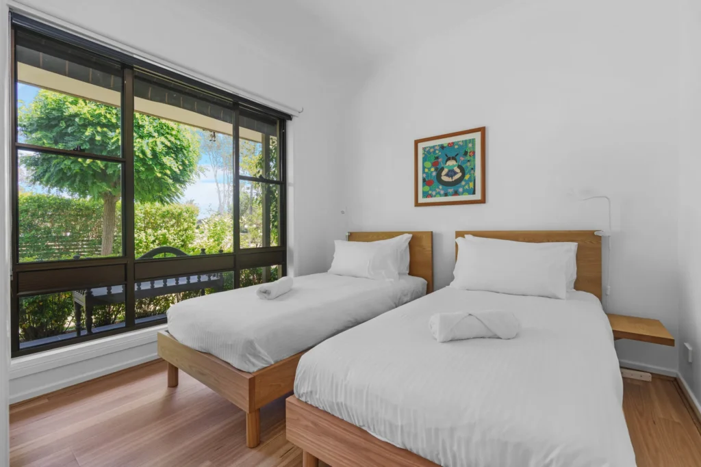 Twin bedroom with garden views at Allegra, Huskisson, Jervis Bay