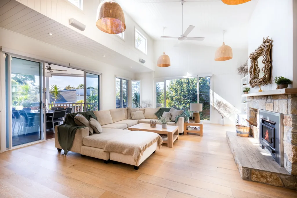 Airy living room at Hyamptons Beach House with neutral tones
