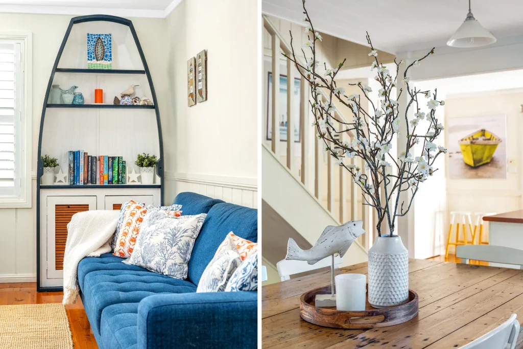 Nautical decor with a blue sofa and boat shelf at Mermaid Cottage