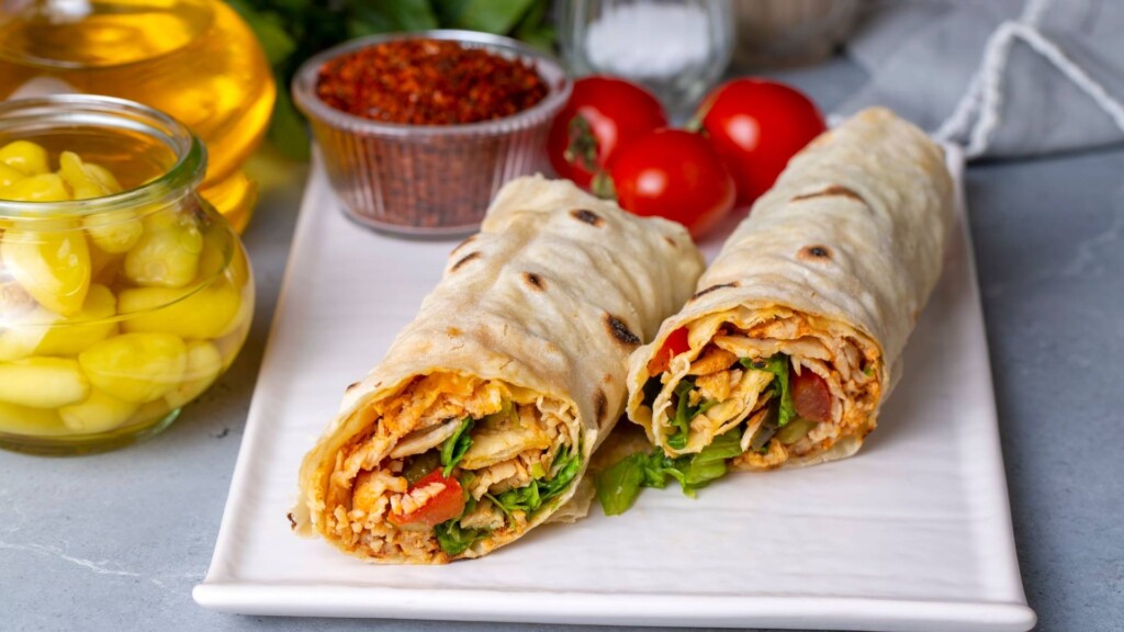 Pita bread lavash roll chicken doner kebab and fresh vegetables in Oporto Vincentia