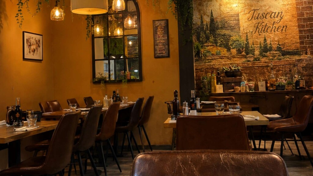 warm interior scene inside la vespa italian restaurant