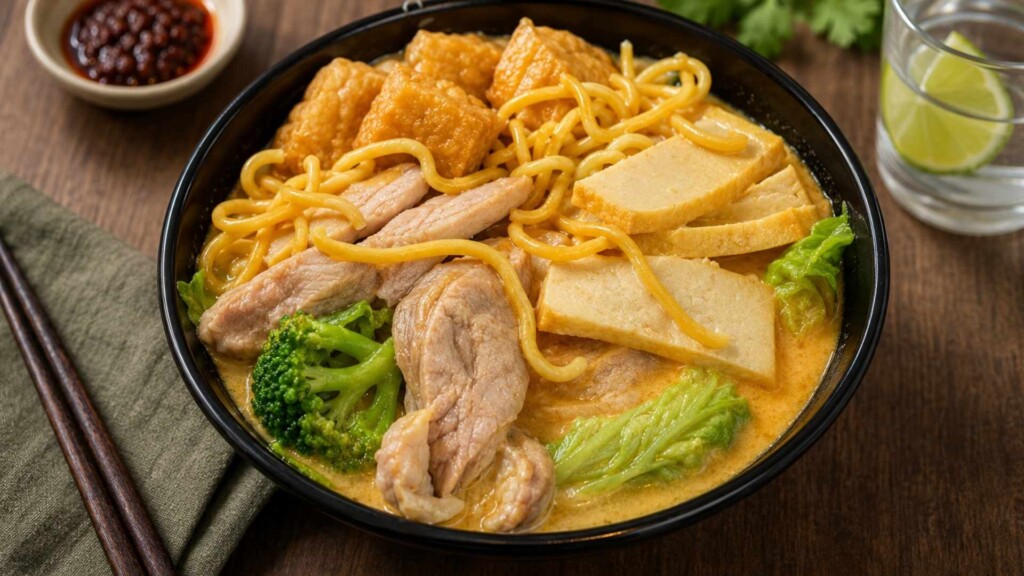 warm noodle bowl with chicken and veggies in NOODLEPARADISE