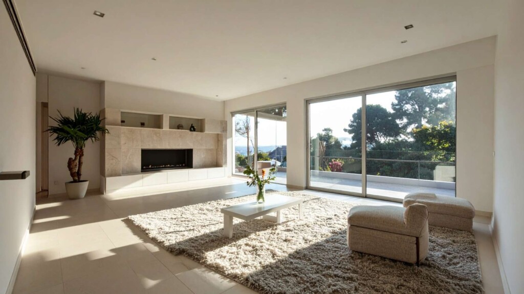 Studio Ocean Breeze private accommodation in Huskisson with sunlit living room, fireplace, large windows and coastal views