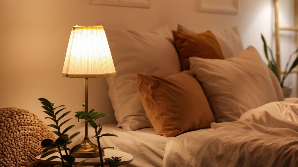 The South Coast Sandcastles private accommodation in Huskisson with cosy bedroom, warm bedside lamp and soft bedding