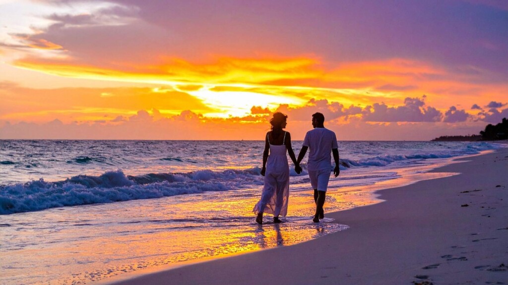 Romantic Couple Walking on Culburra Beach at Sunset