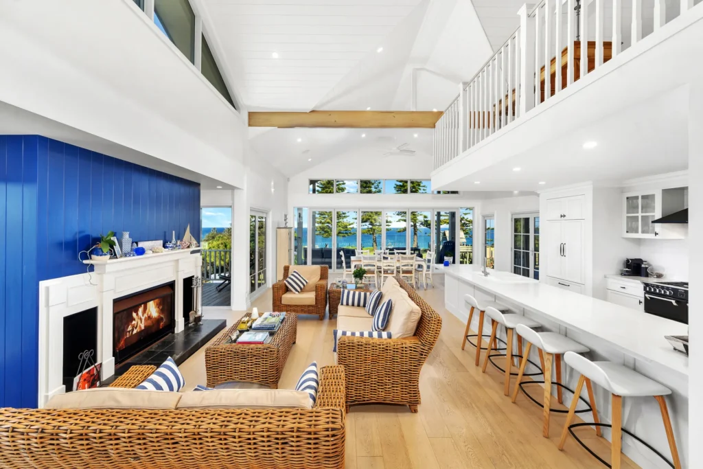 Airy open-plan living room with ocean views at The Cape, Culburra Beach